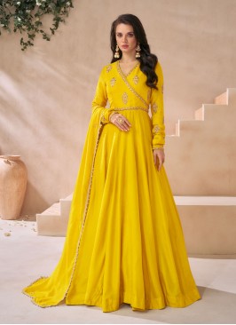 Silk Dark Lemon Yellow Anarkali With Dupatta