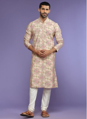 Silk Embroidered Cream Kurta Pajama