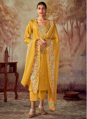 Wedding Wear Yellow Embroidered Dress Material