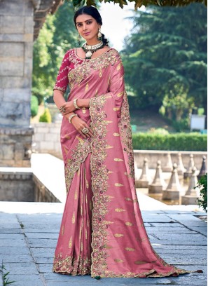 Onion Pink Embroidered Contemporary Silk Saree