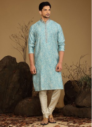 Silk Firozi Color Printed Kurta Pajama