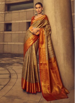 Silk Gold And Red Weaving Wedding Wear Saree