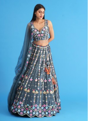 Silk Grey Antique Embroidered Designer Lehenga Choli