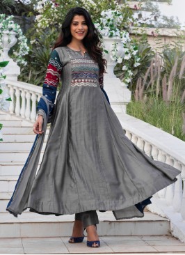 Silk Grey Color Anarkali Set With Dupatta