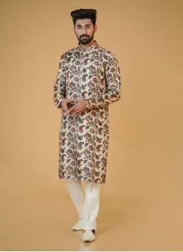 Silk Cream Color Floral Printed Kurta Pajama