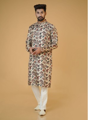 Silk Cream Color Floral Printed Kurta Pajama