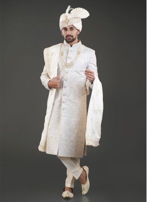 Silk Grey Grey Elegant Design Sherwani Set For Groom