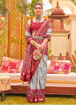 Classic Grey And Maroon Patola Printed Silk Saree