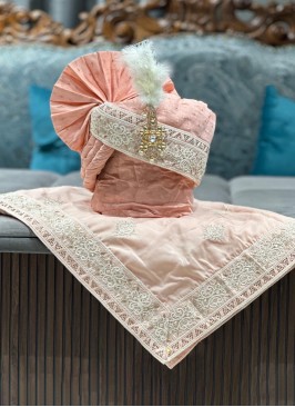 Silk Groom Wear Peach Safa And Dupatta