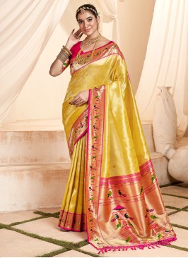 Yellow Weaving Embroidered Silk Paithani Saree