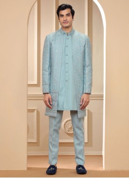 Silk Mint Blue Jacket Style Indowestern Set