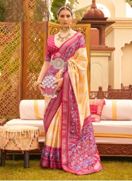 Light Orange And Deep Pink Patola Printed Designer Silk Saree