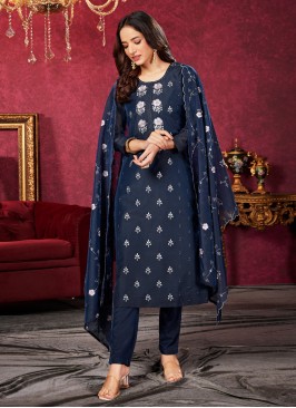 Silk Pant Style Salwar Suit in Stunning Navy Blue