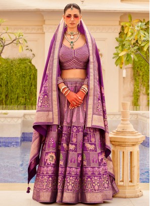 Purple Printed Lehenga Choli Set With Dupatta