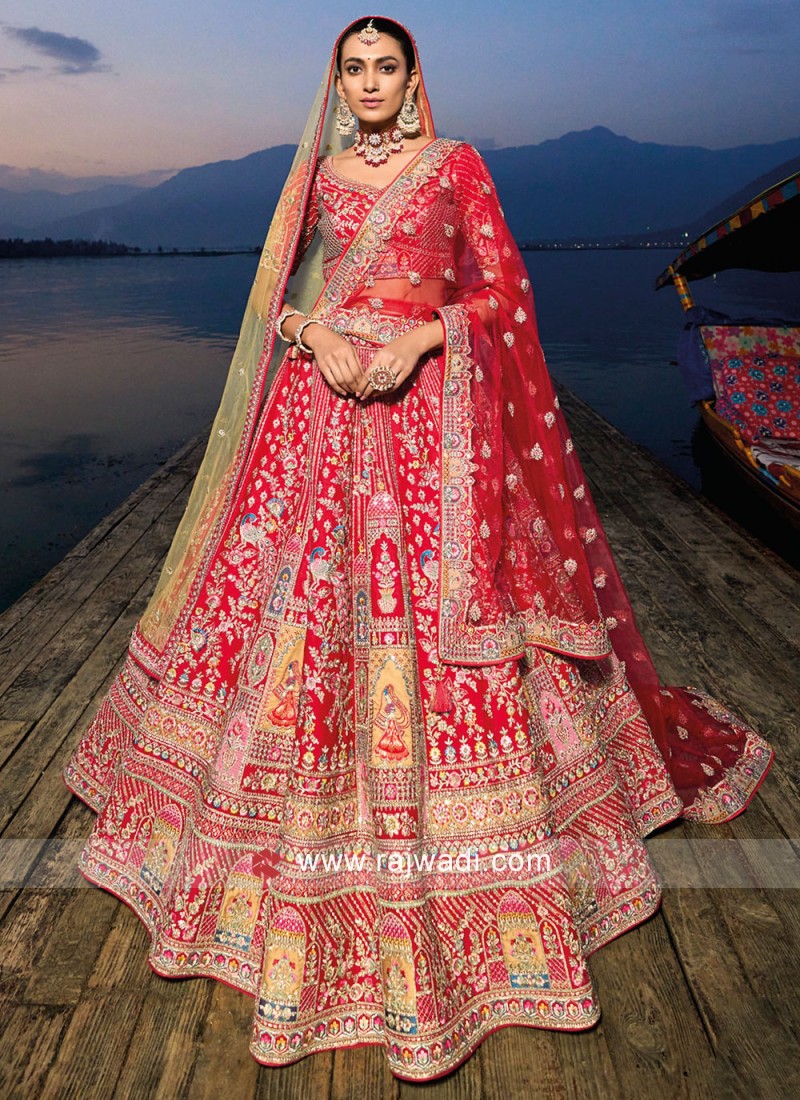 Pinkish red lehenga | Half saree designs, Half saree, Saree designs