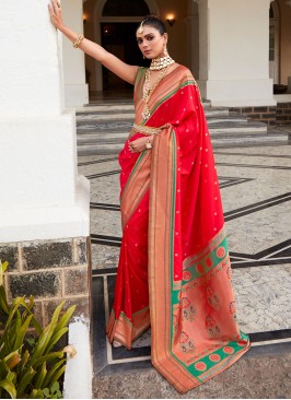 Designer Red Color Woven Silk Saree