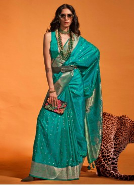 Festive Wear Light Sea Green Woven Satin Silk Saree