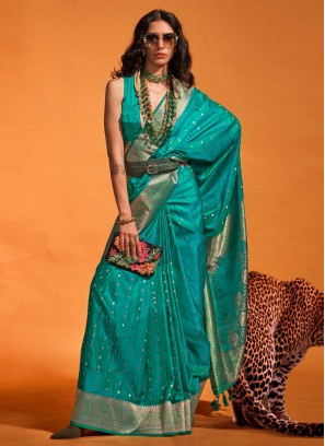 Festive Wear Light Sea Green Woven Satin Silk Saree