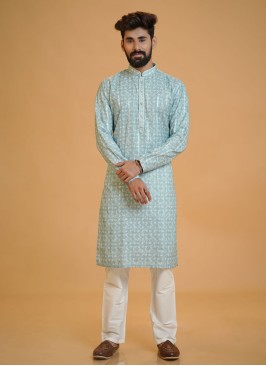 Silk Sea Green Color Printed Kurta Pajama