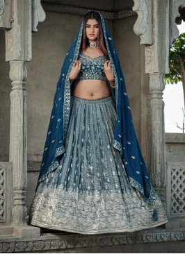 Teal Blue Zari Embroidered Designer Silk Lehenga Choli