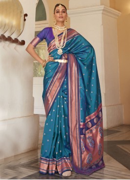 Teal Blue Woven Festival Wear Silk Saree