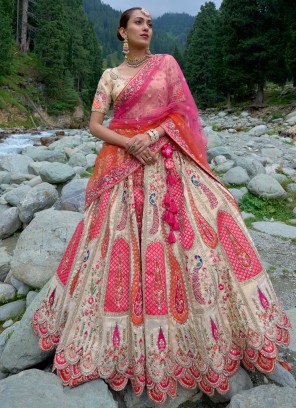 Cream & Pink Designer Silk Embroidered Lehenga Choli