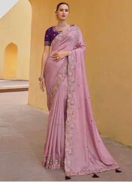 Dusty Rose Pink Embroidered Festive Wear Saree