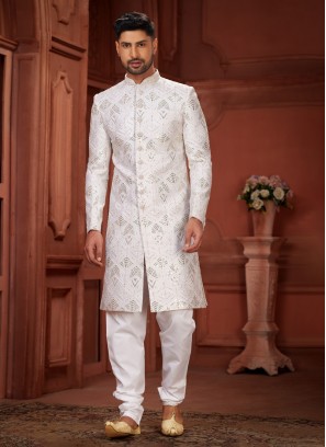 Silk White Elegant Design Sherwani Set For Groom