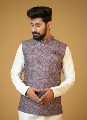 Silk Wine Color Mens Wear Nehru Jacket