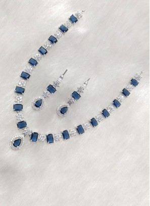 Silver Finish Blue Necklace Set With American Diamond