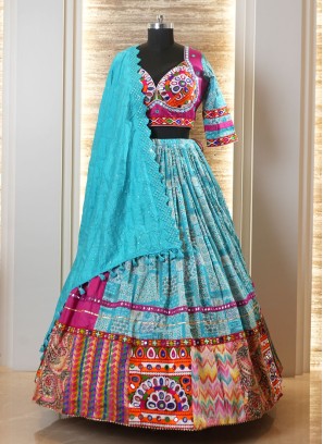 Sky Blue and Magenta Garba Special Silk Chaniya Choli