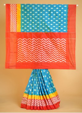 Sky Blue And Red Patola Saree In Pure Silk