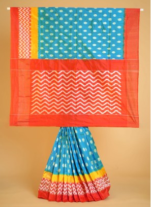 Sky Blue And Red Patola Saree In Pure Silk