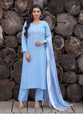 Sky Blue Color Linen Fabric Pant Style Salwar Kameez