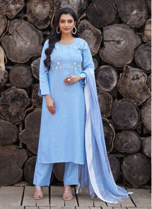 Sky Blue Color Linen Fabric Pant Style Salwar Kameez
