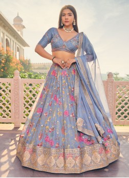 Sky Blue Designer Floral Printed Chiffon Lehenga C