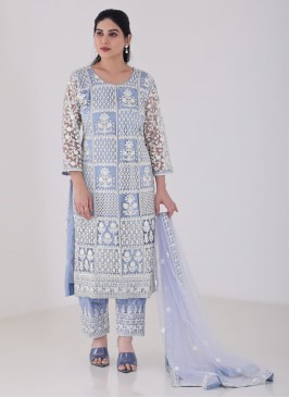 Sky Blue Embroidered Pant Set With Dupatta