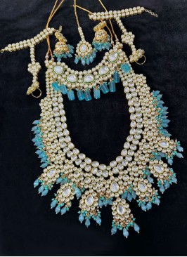 Sky Blue Kundan Bridal Necklace Set With Hathphool