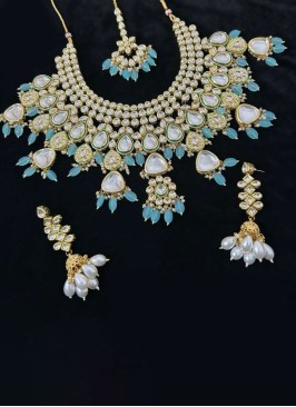 Sky Blue Kundan Studded Necklace Set For Wedding