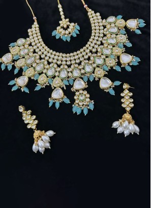 Sky Blue Kundan Studded Necklace Set For Wedding