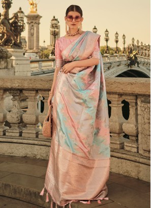 Multi Color Satin Silk Woven Embroidered Wedding Saree