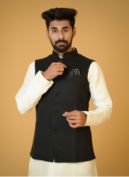 Solid Black Silk Fabric Nehru Jacket