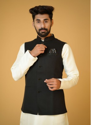 Solid Black Silk Fabric Nehru Jacket