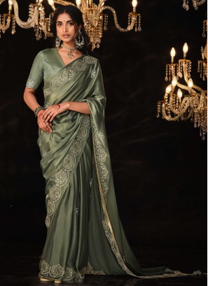 Grey Glass Tissue Saree With Embroidery Work