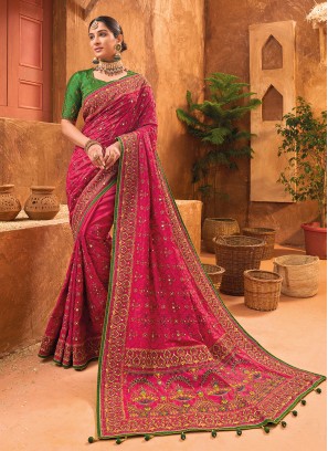 Deep Pink Kachhi Embroidered Silk Saree