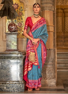 Blue and Red Banarasi Silk Traditional Saree