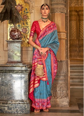 Blue and Red Banarasi Silk Traditional Saree