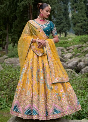 Mustard Yellow Silk Embroidered Lehenga Choli