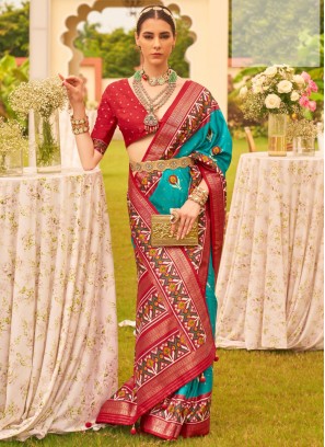 Aqua Blue & Red Patola Printed Festive Wear Silk Saree