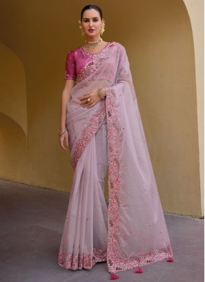Pink Embroidered Chiffon Silk Saree